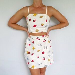 Midnight sky white beach print linen blend matching crop
Top and skirt set